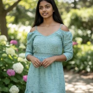 NWOT Lauren Conrad Aqua Spring Dress textured tie back Womens M BOHO